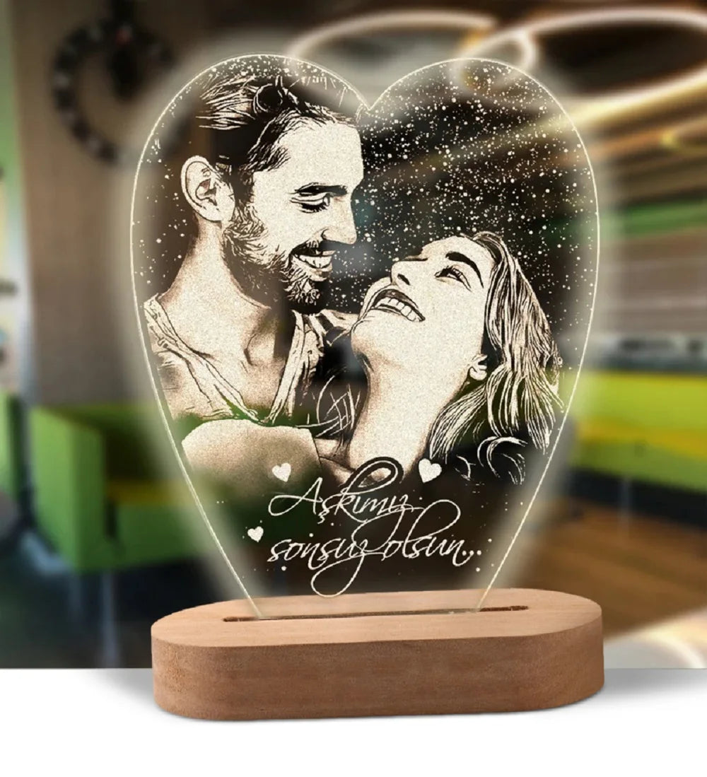 Custom Glow – 3D Night Light with Personalized Photo & Text on Wooden Base