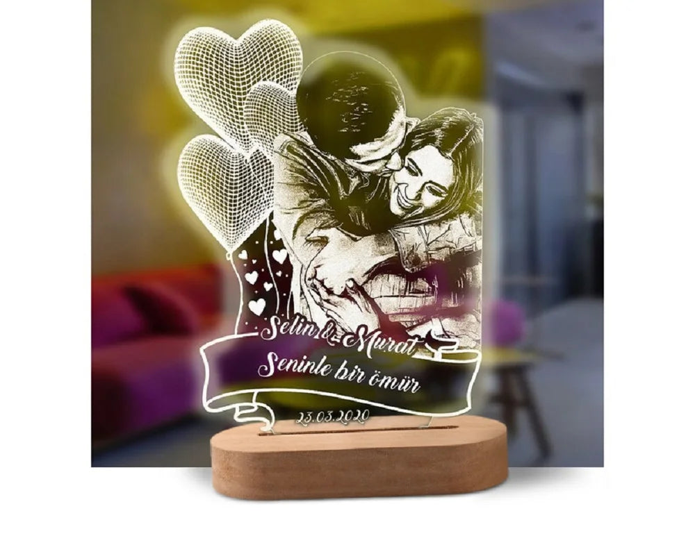 Custom Glow – 3D Night Light with Personalized Photo & Text on Wooden Base