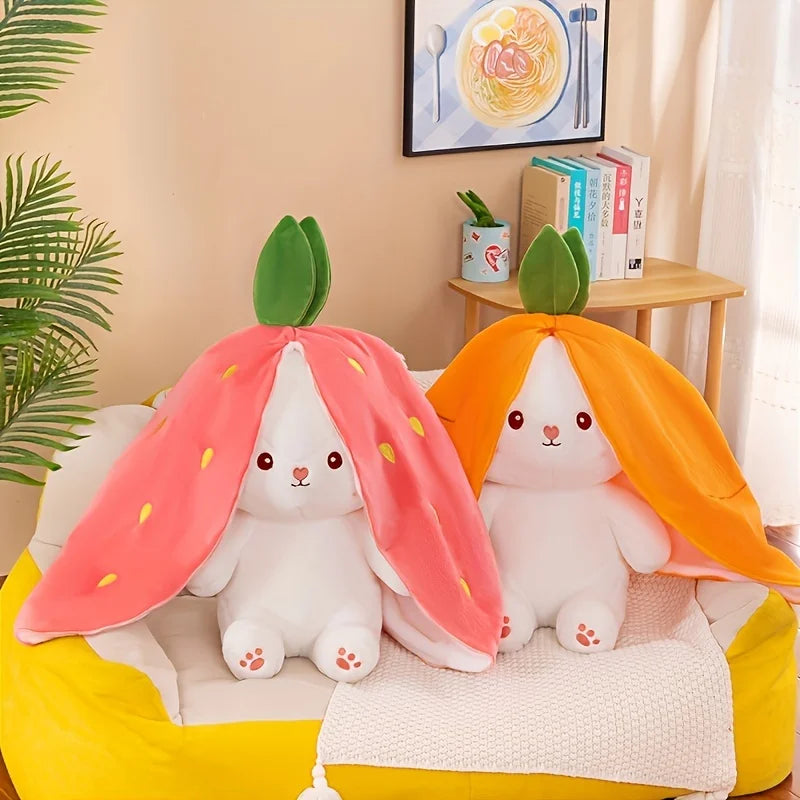 Reversible Bunny Plush – Soft Carrot & Strawberry Stuffed Animal with Zipper