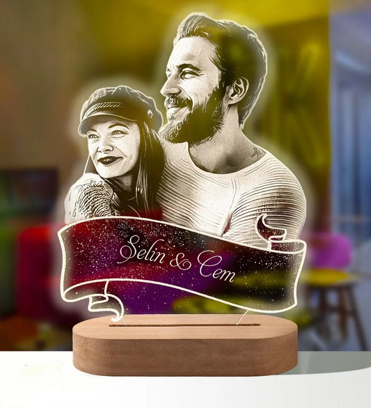 Custom Glow – 3D Night Light with Personalized Photo & Text on Wooden Base