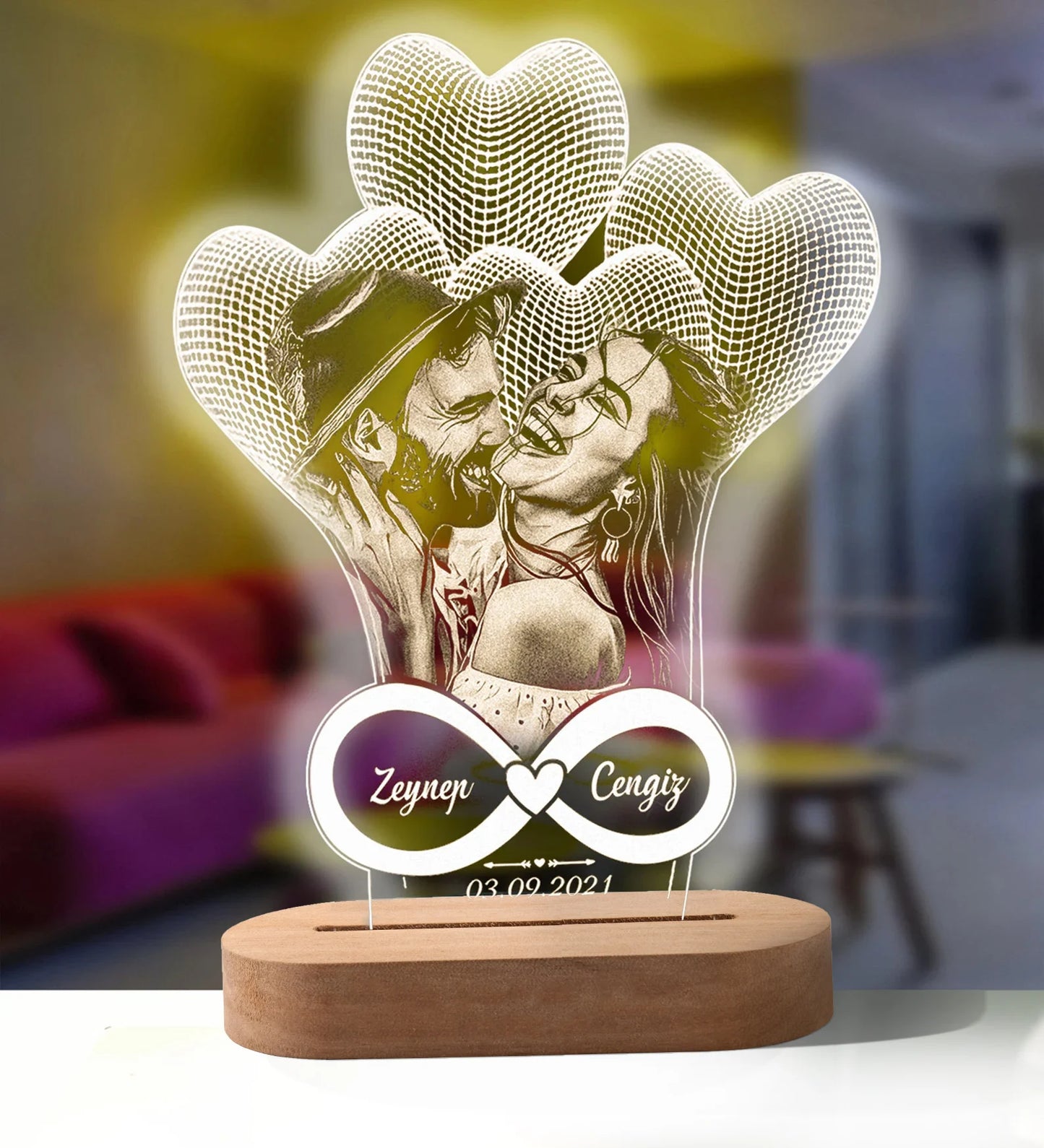 Custom Glow – 3D Night Light with Personalized Photo & Text on Wooden Base