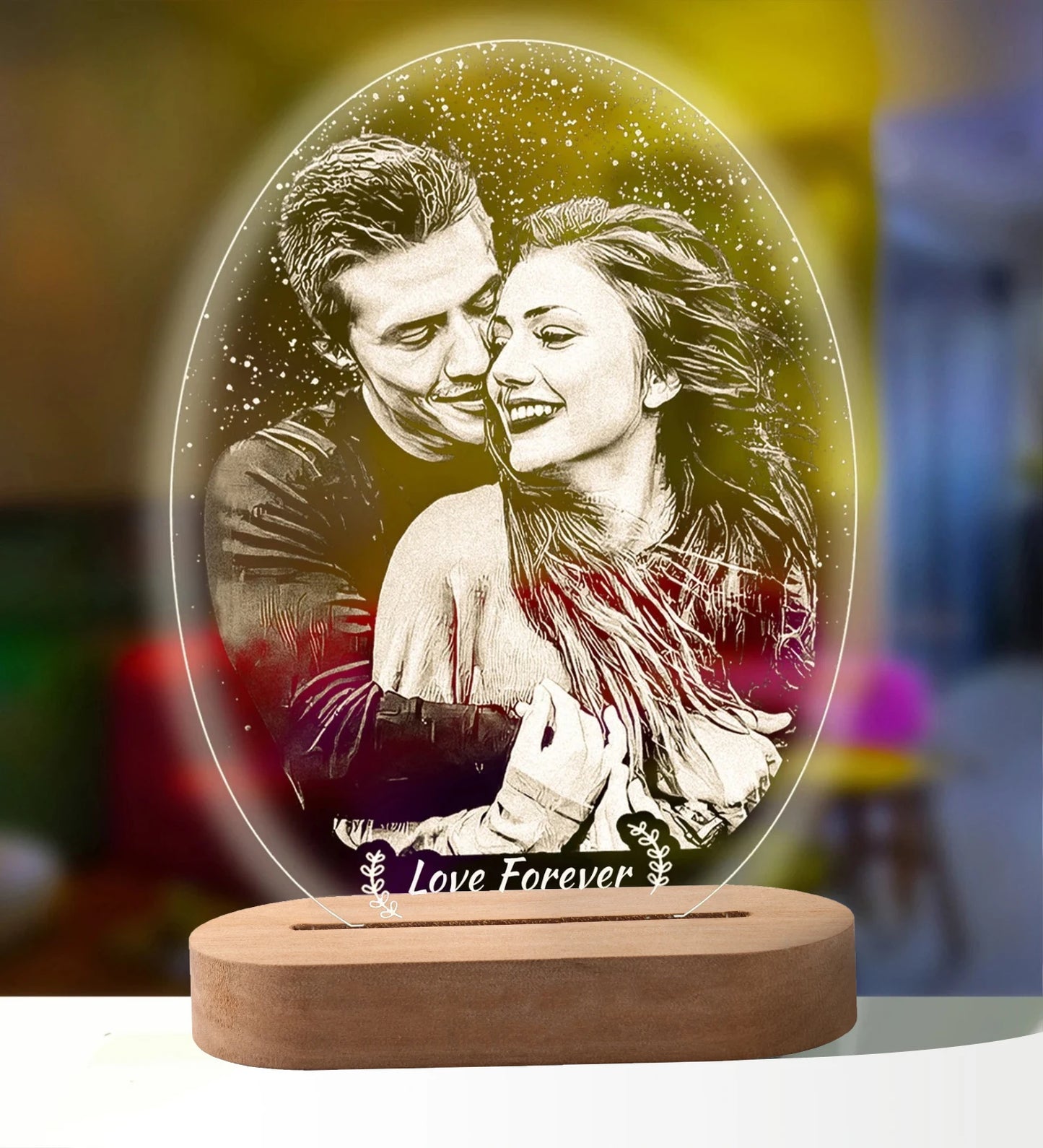 Custom Glow – 3D Night Light with Personalized Photo & Text on Wooden Base