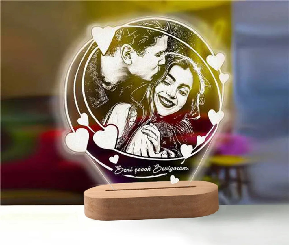 Custom Glow – 3D Night Light with Personalized Photo & Text on Wooden Base