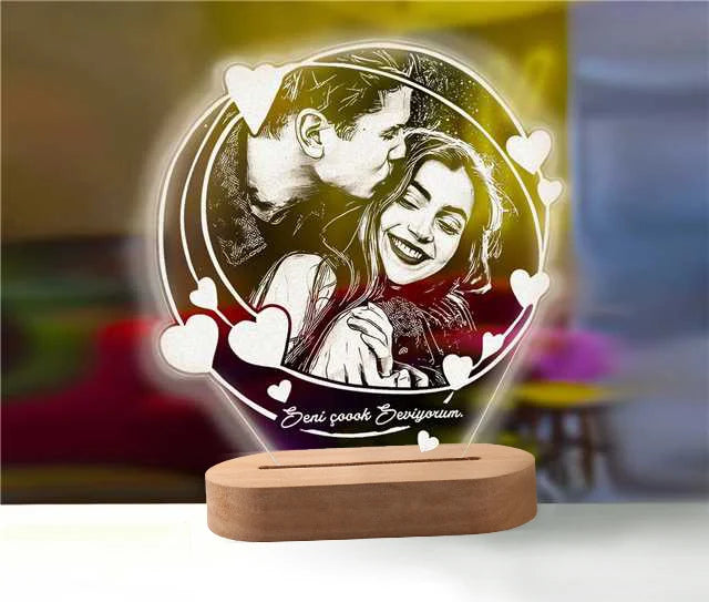 Custom Glow – 3D Night Light with Personalized Photo & Text on Wooden Base