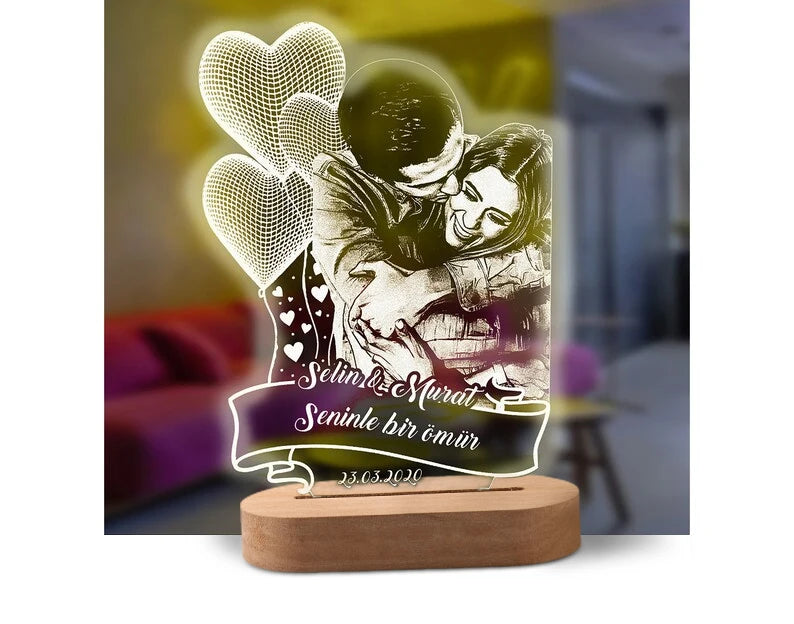 Custom Glow – 3D Night Light with Personalized Photo & Text on Wooden Base